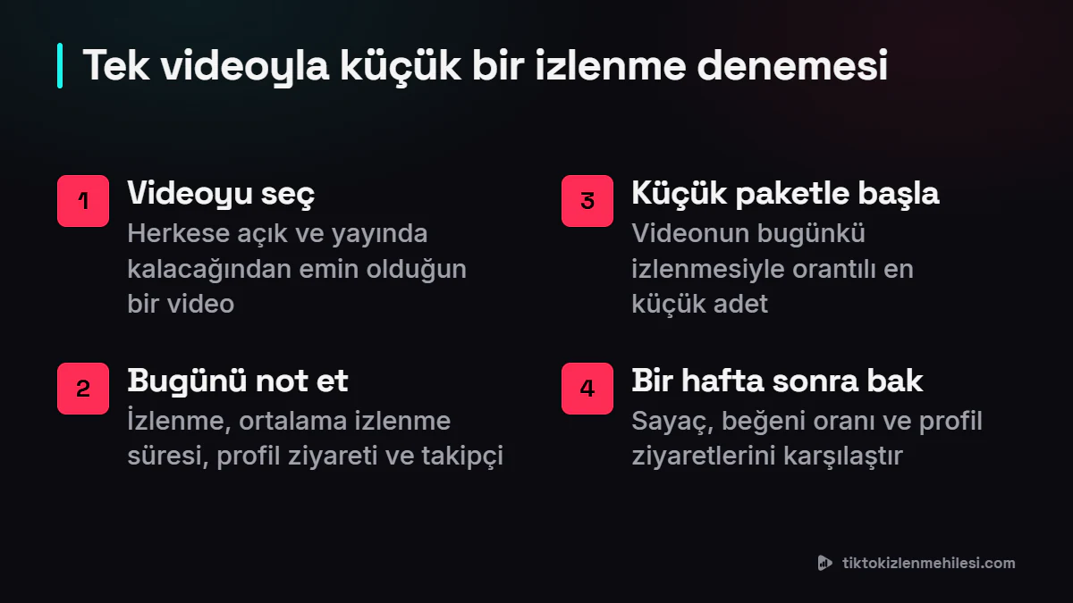Tek videoyla yapılan izlenme denemesinin dört adımı: videoyu seçmek, bugünkü ölçüleri not etmek, küçük paketle başlamak ve bir hafta sonra karşılaştırmak