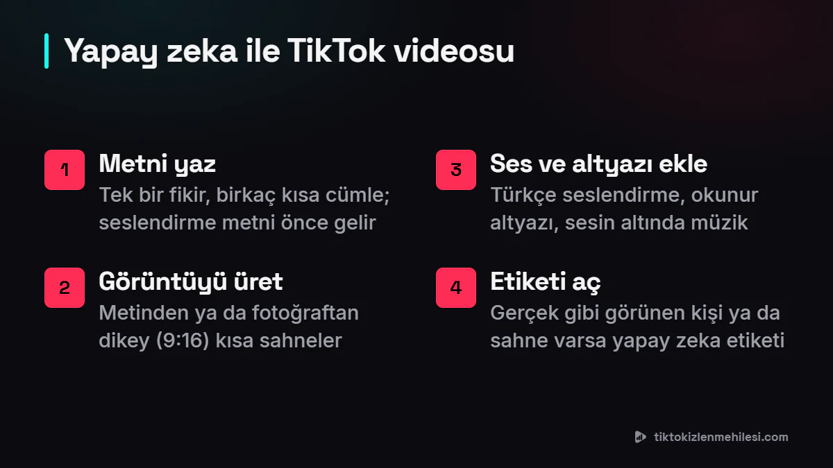 Yapay zeka ile TikTok videosu yapmanın dört adımı: metni yazmak, görüntüyü üretmek, seslendirme ve altyazı eklemek, paylaşırken etiketi açmak